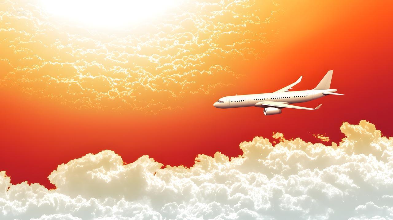 飞机在色彩缤纷日落天空中翱翔