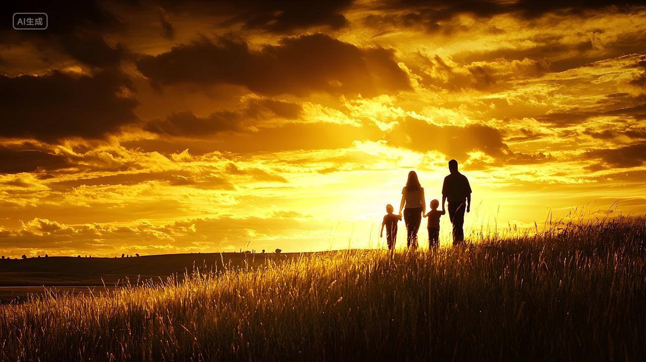 家庭剪影一起享受日落漫步