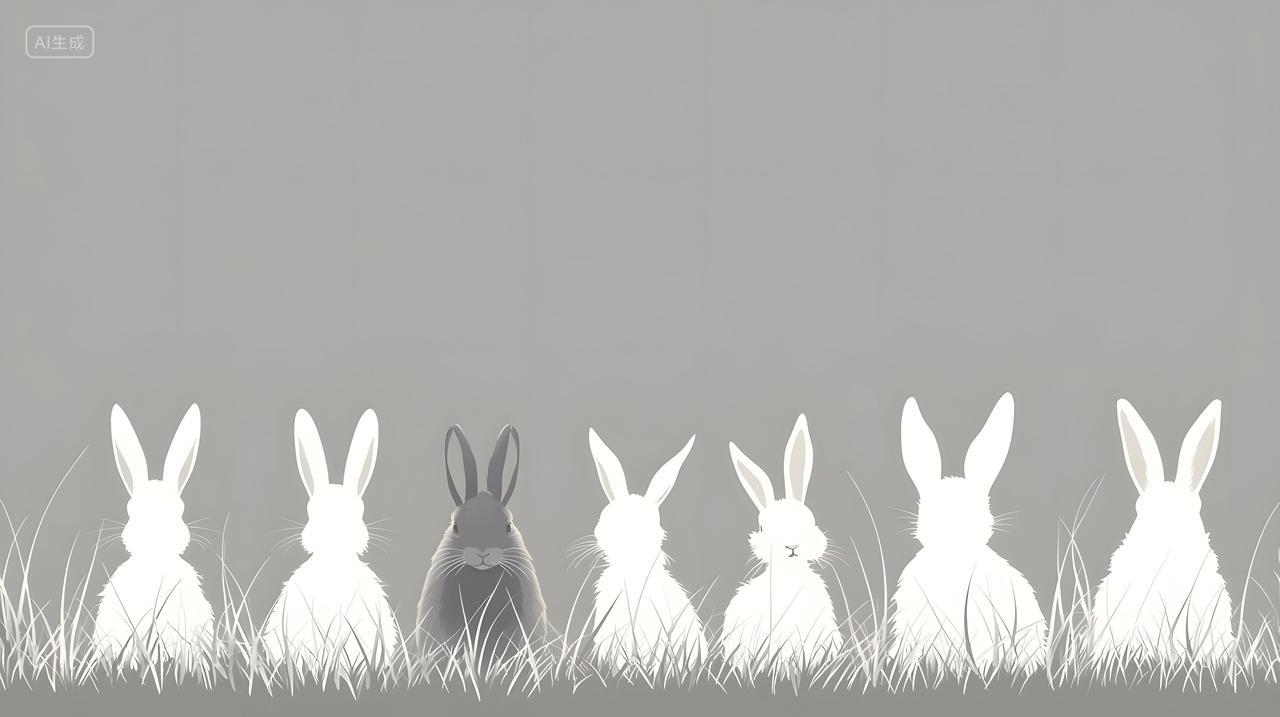 草丛中白兔中一只独特黑兔
