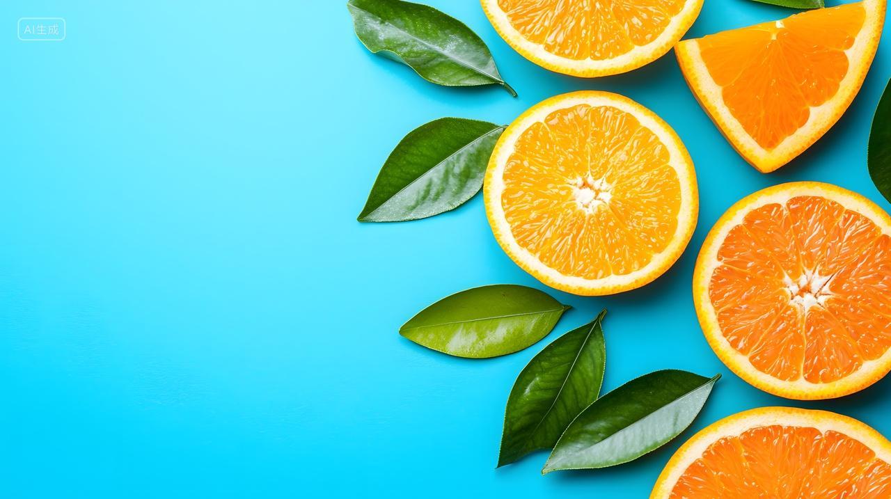 新鲜橙子鲜亮绿叶搭配在一起