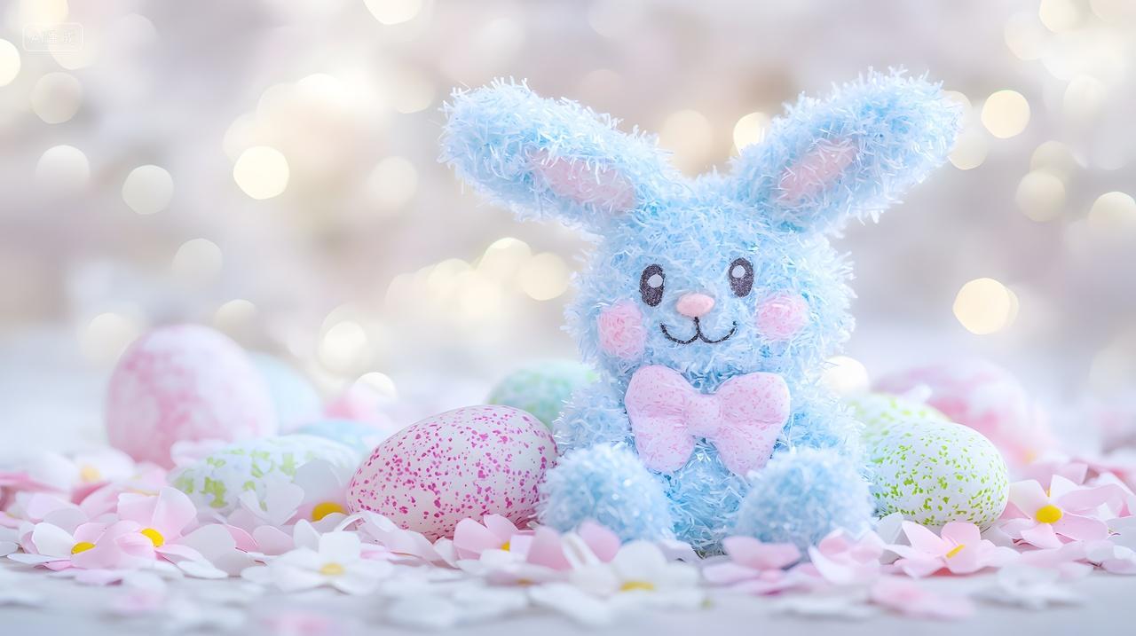 可爱蓝色兔子周围环绕着柔和复活节彩蛋