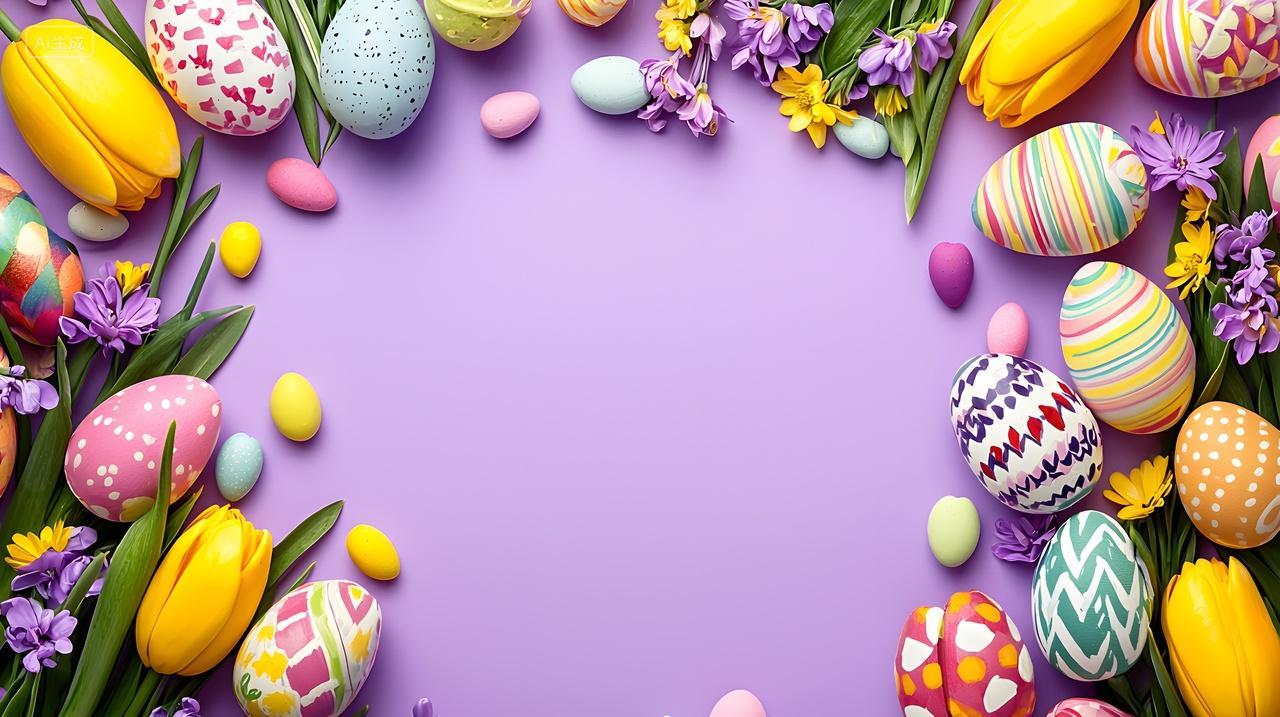 彩色复活节彩蛋和鲜花在柔和背景上