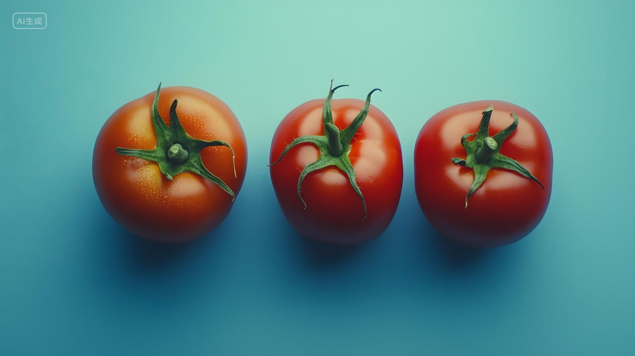 蓝色背景上三个鲜亮红色西红柿