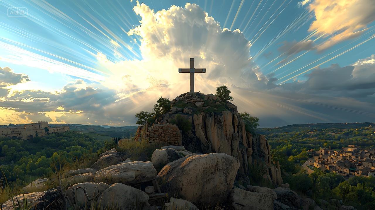 山顶上十字架与壮丽天空