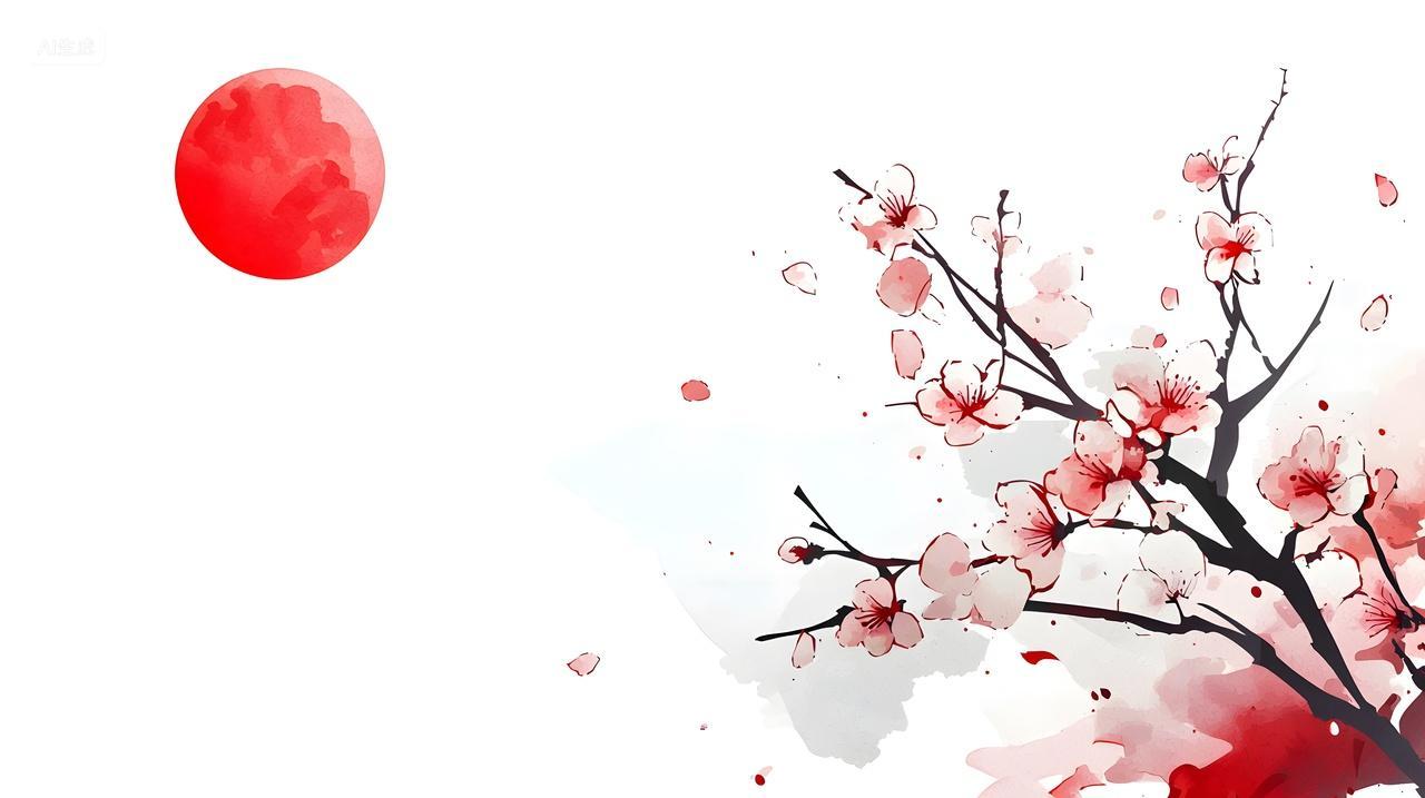 红日映衬着樱花