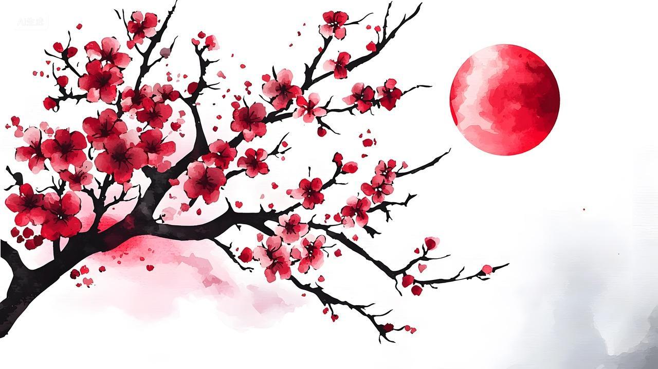 红月映衬下樱花枝