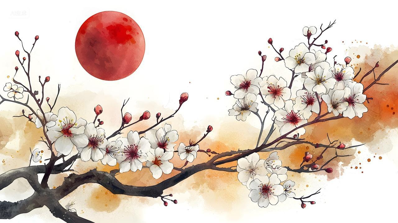 红月映衬下美丽樱花