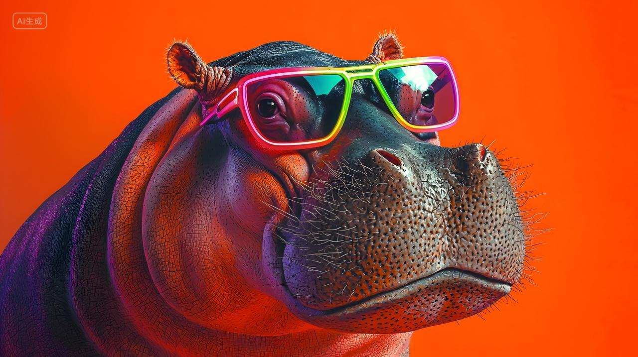 河马戴着彩色太阳镜衬托着明亮橙色