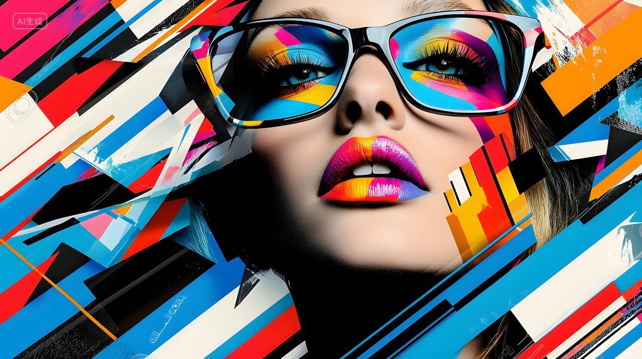 戴着彩色眼镜化着鲜艳妆容大胆女性