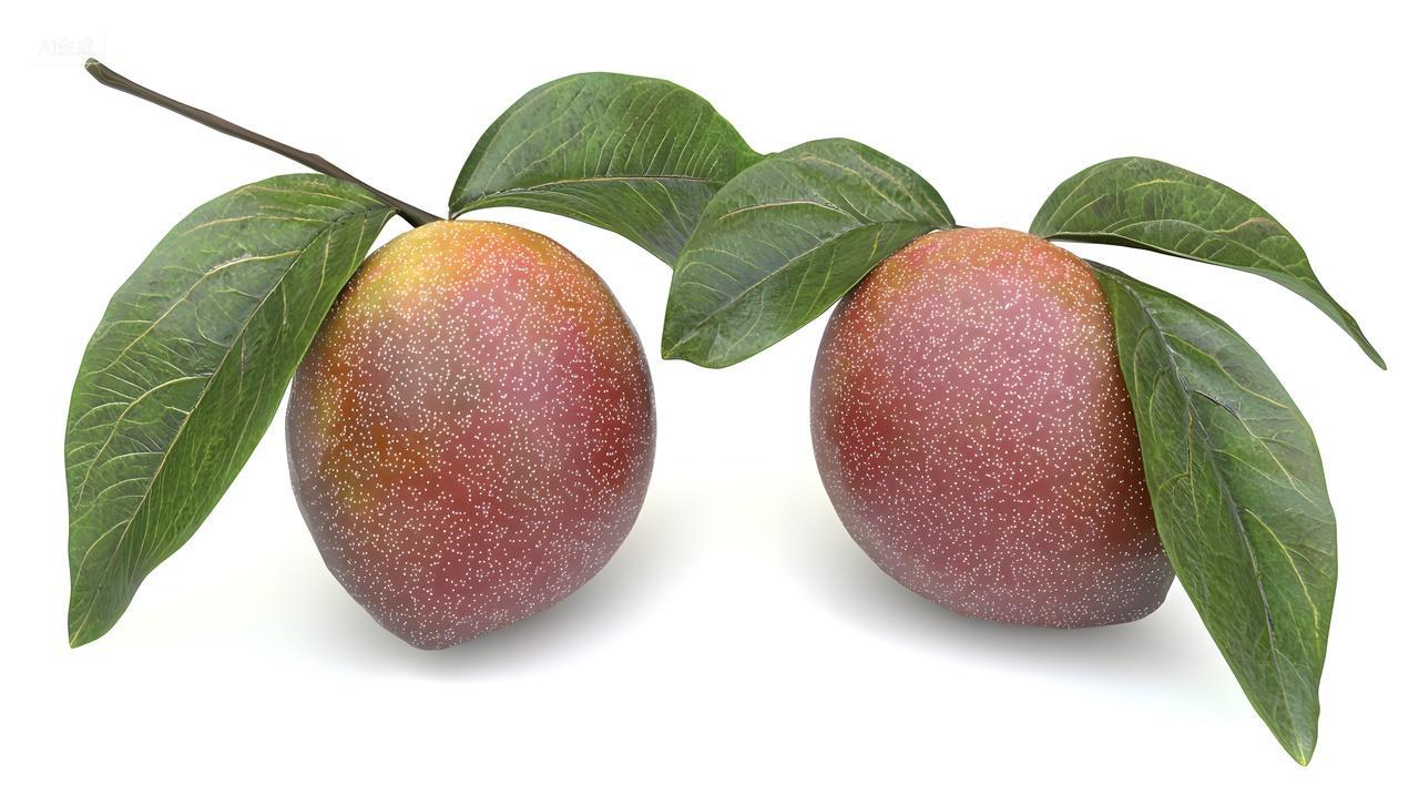 两颗成熟、鲜亮水果配上绿叶