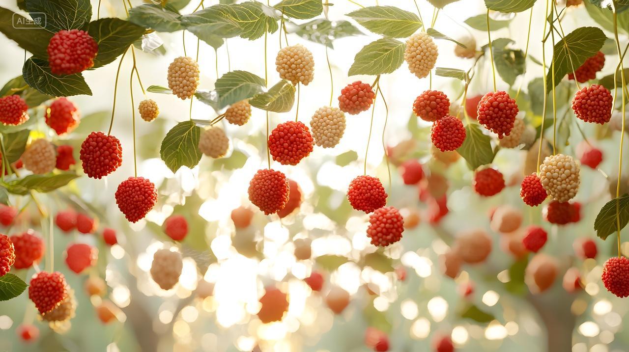 充满活力浆果悬挂在柔和阳光下