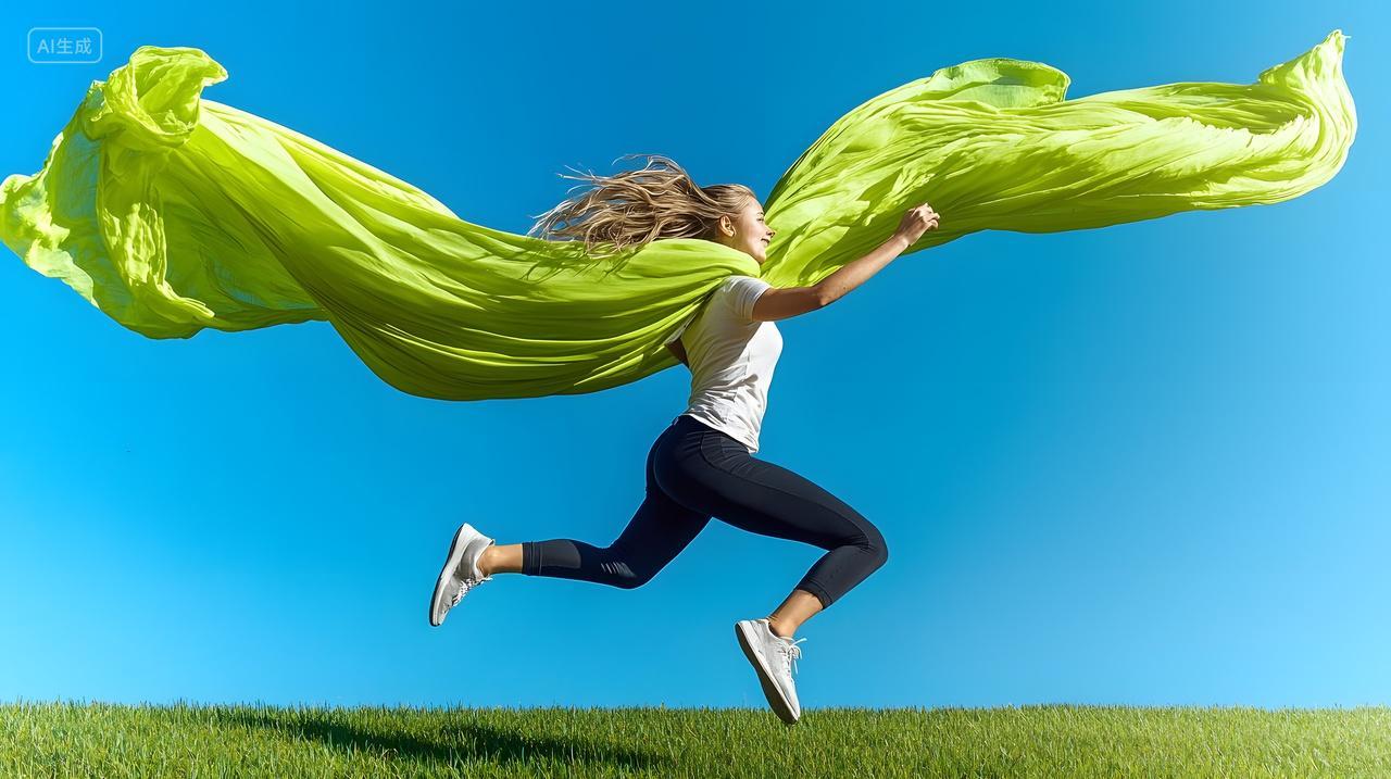 戴着鲜亮绿色围巾跑步活跃年轻女子