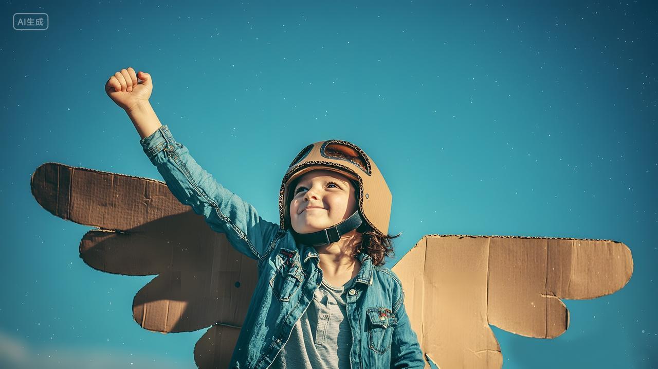 戴着纸板翅膀和头盔快乐孩子