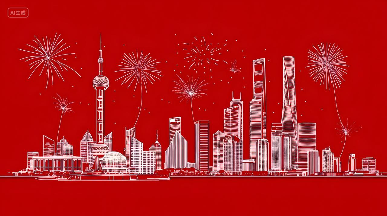 红色背景城市剪影与烟花节庆设计图片