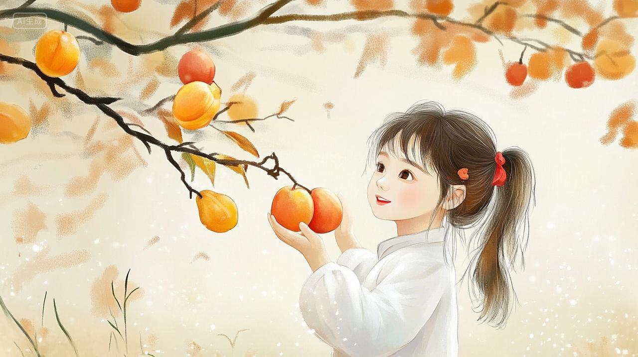 秋天小女孩摘柿子丰收插画