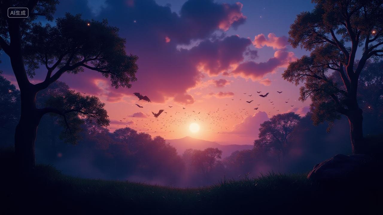 暮色时分蝙蝠群飞翔