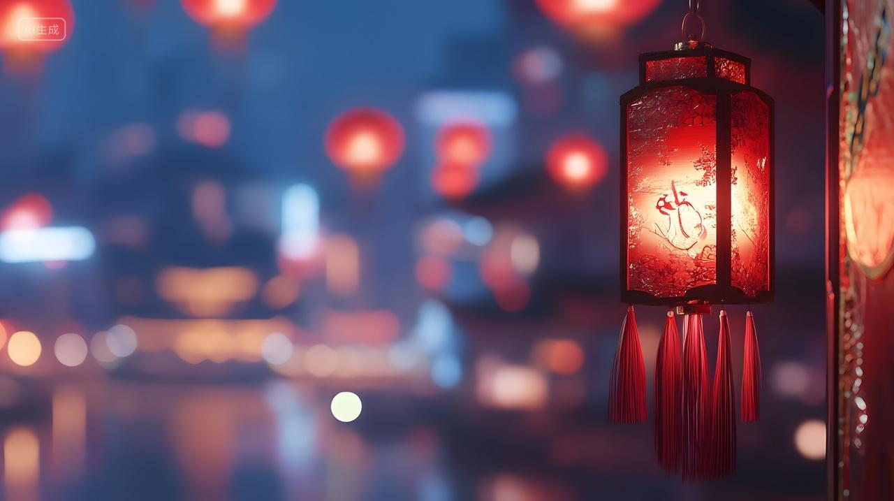 夜晚街景红灯笼中国风节庆装饰图片