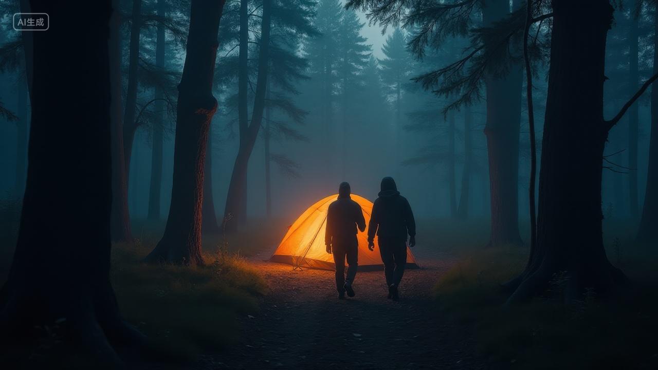在昏暗的森林中露营