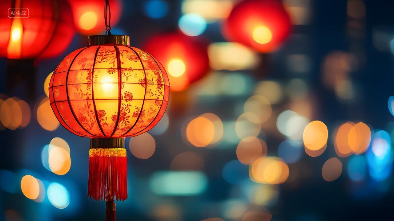 夜晚灯光下的红色灯笼节庆装饰图片