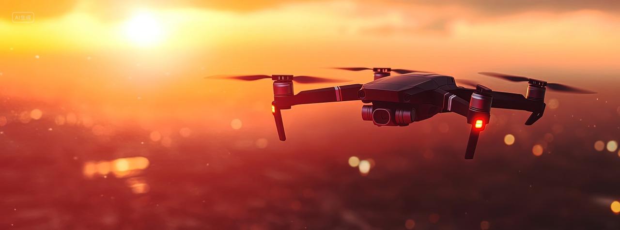 夕阳下一架无人机在城市上空拍摄