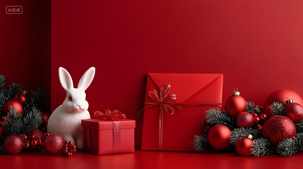 红色背景礼盒信封与白色兔子节庆装饰设计图片