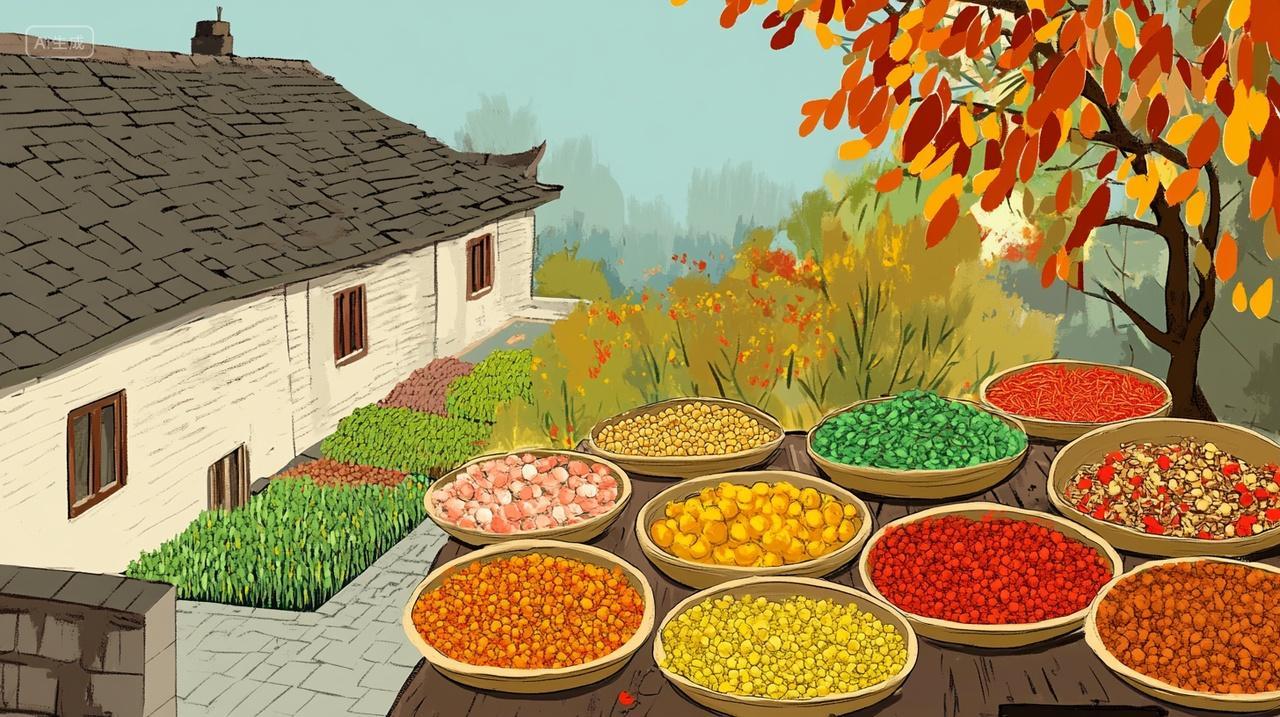 房檐上晾晒粮食秋天丰收景象