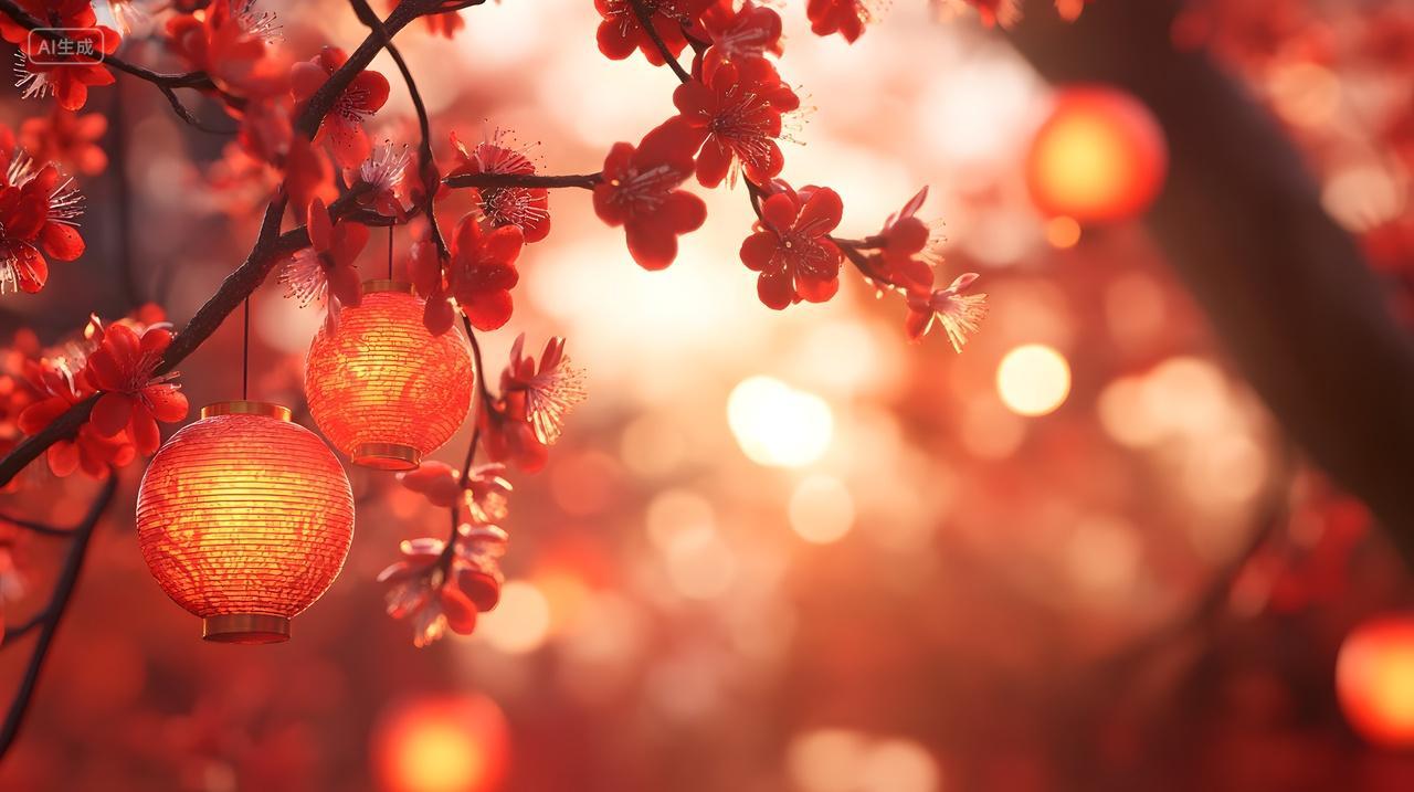 红色灯笼与梅花光晕节庆装饰图片