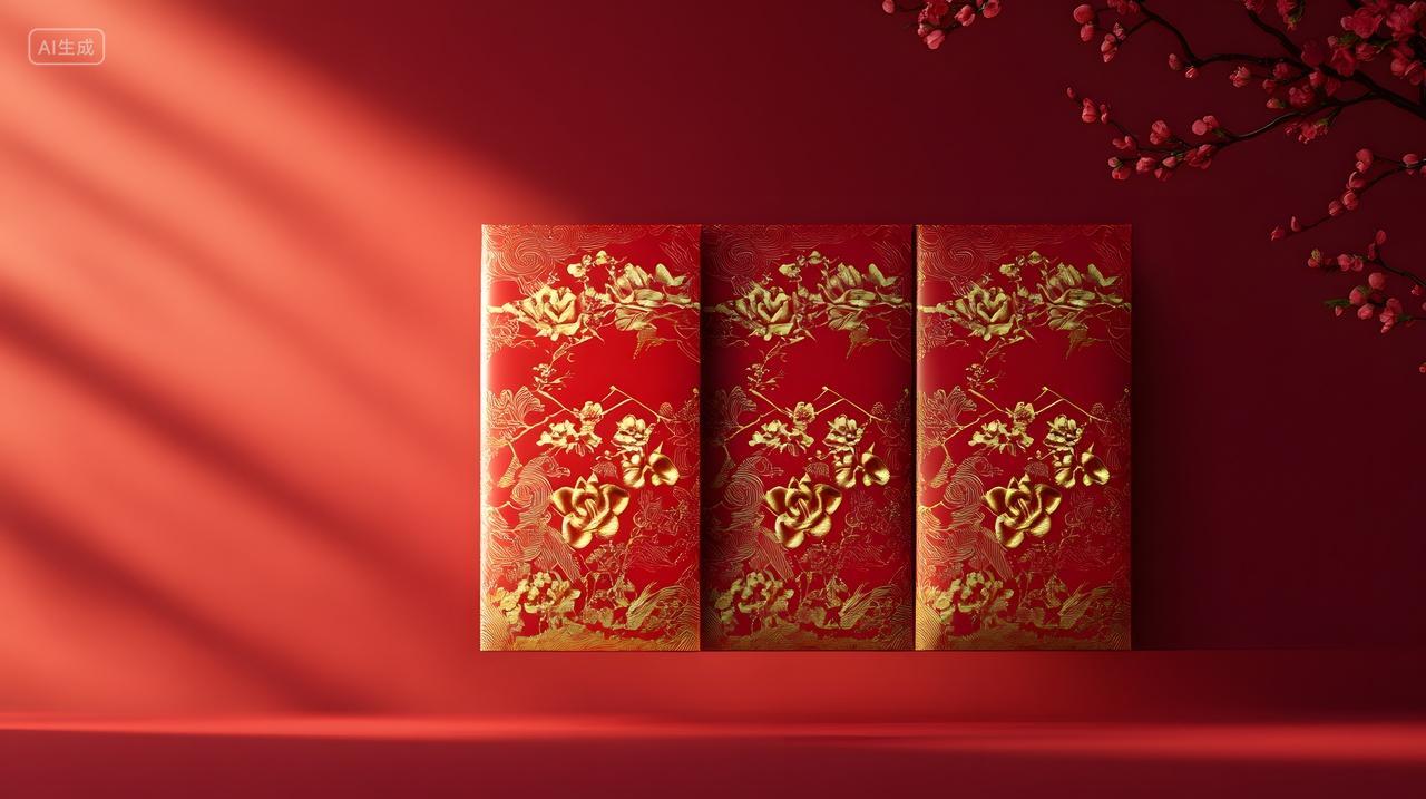 红色背景与三个红包新年节庆装饰设计图片