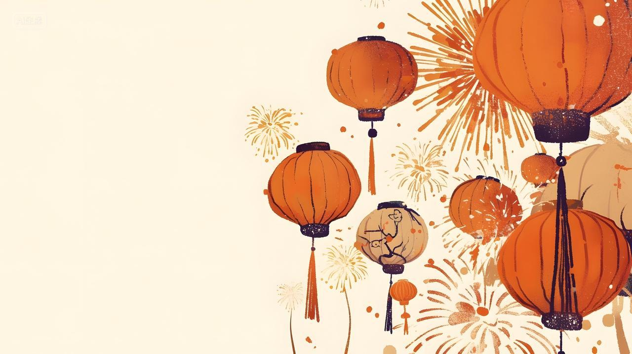 米黄色背景红色灯笼与烟花节庆新年装饰设计图片