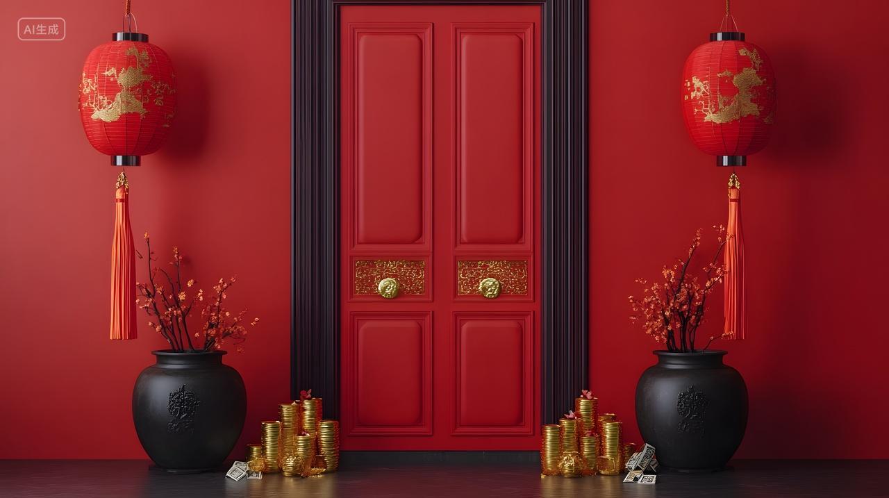 红色大门与红灯笼金元宝节庆装饰设计图片
