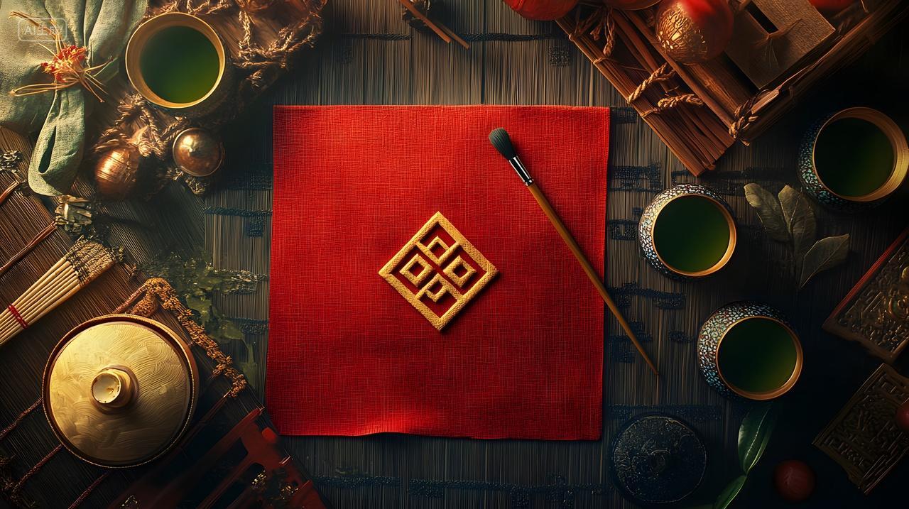 中国传统茶具与红色福字节庆装饰静物图片