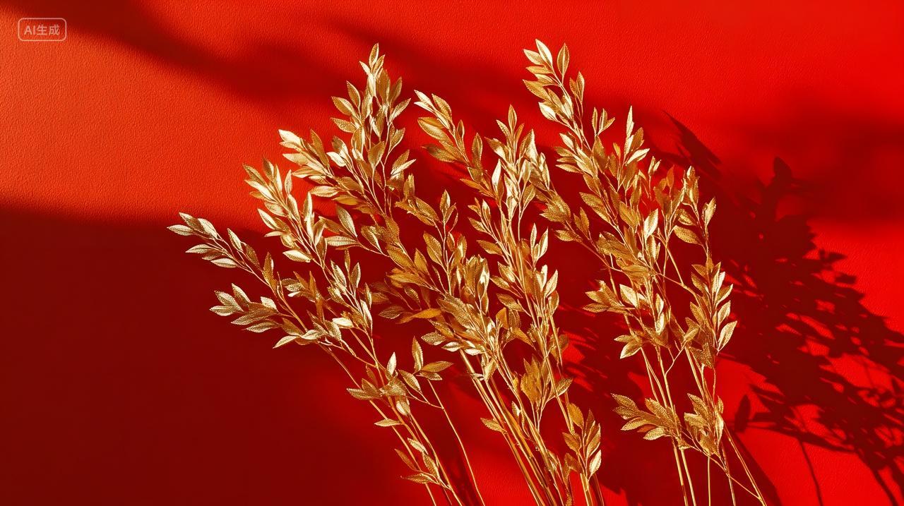 红色背景与金色植物装饰设计图片