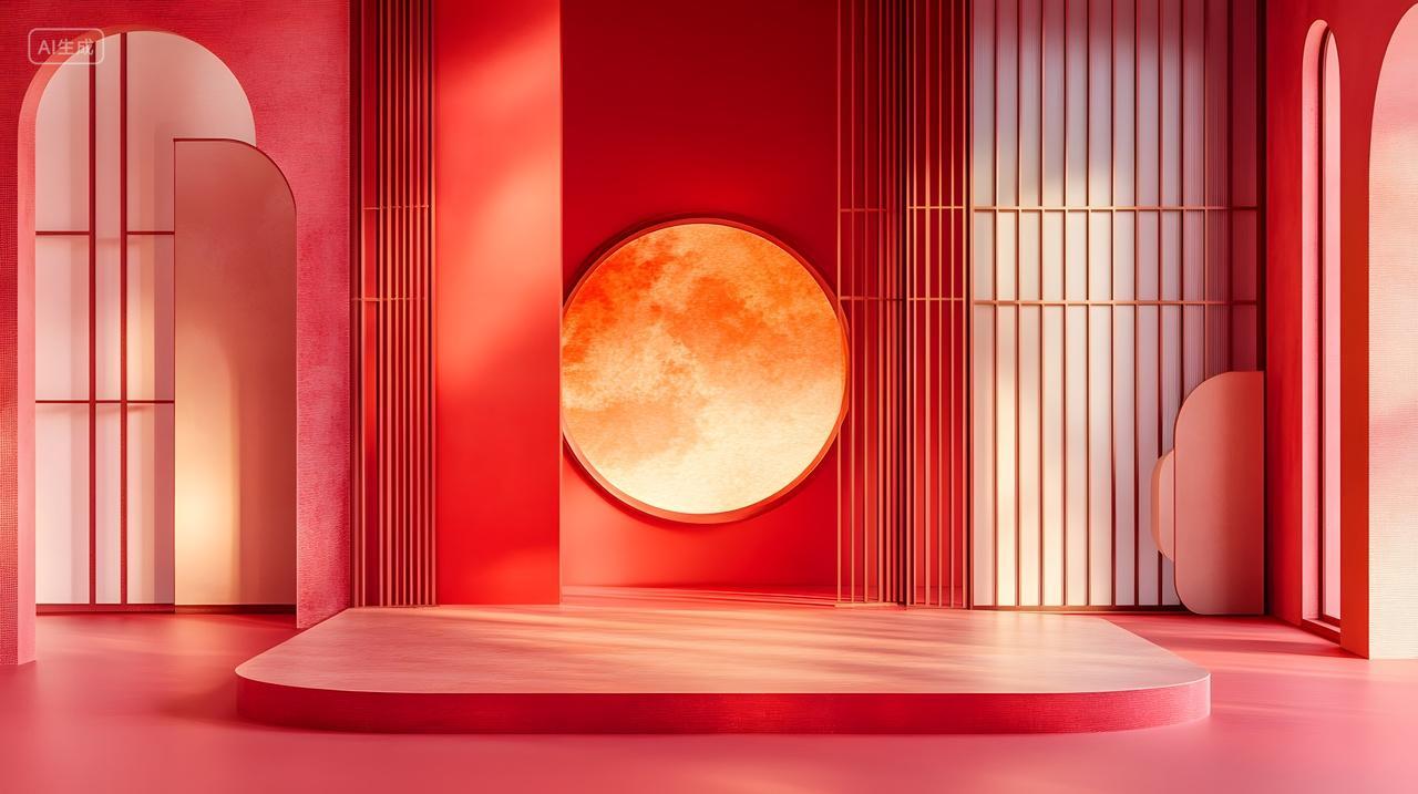 红色现代舞台与发光圆形装饰节庆设计图片