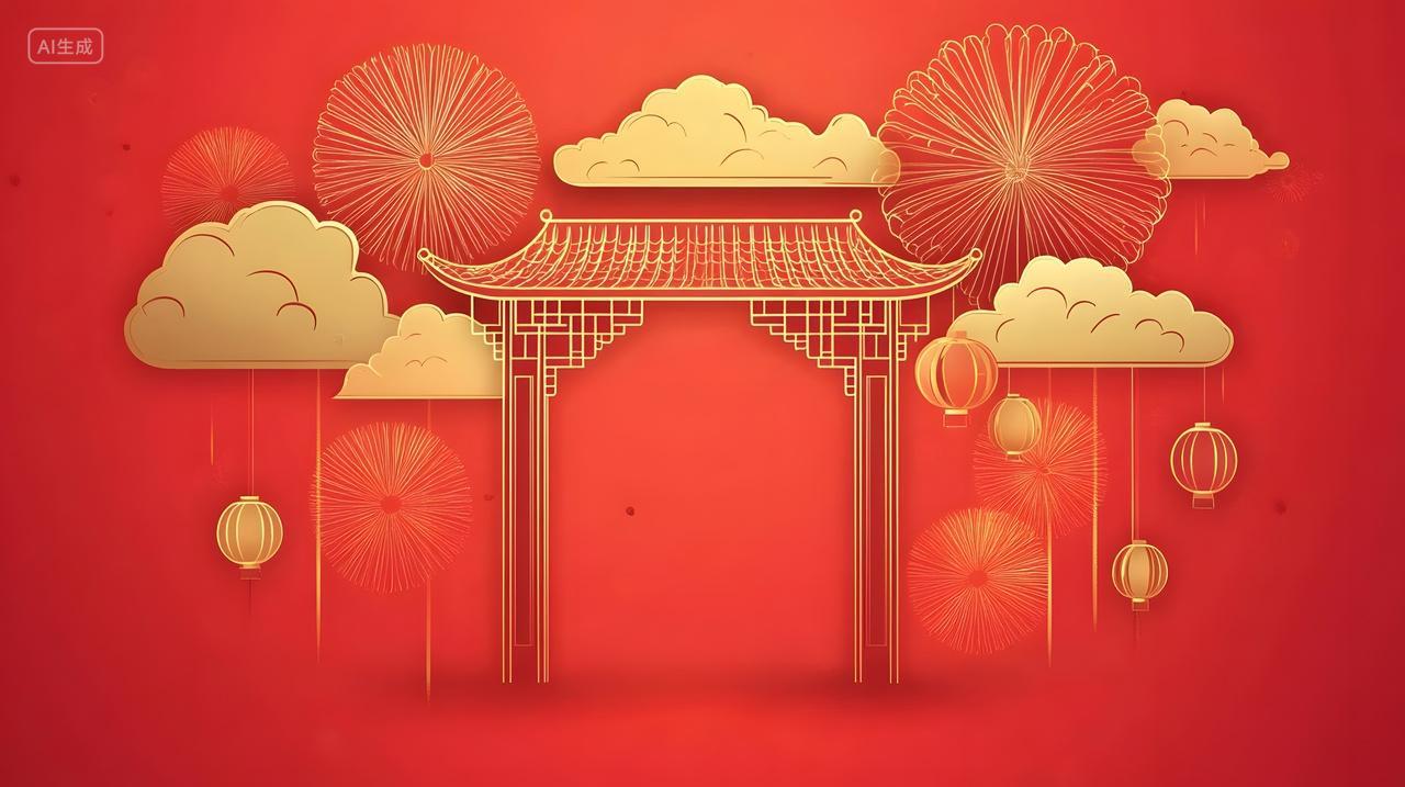 红色背景中国传统牌坊与祥云灯笼节庆设计背景图片