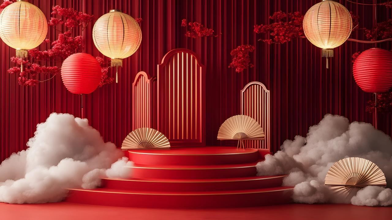 红色舞台灯笼与云朵折扇节庆装饰设计图片
