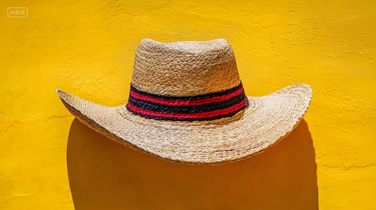 鲜艳黄色墙壁上草帽