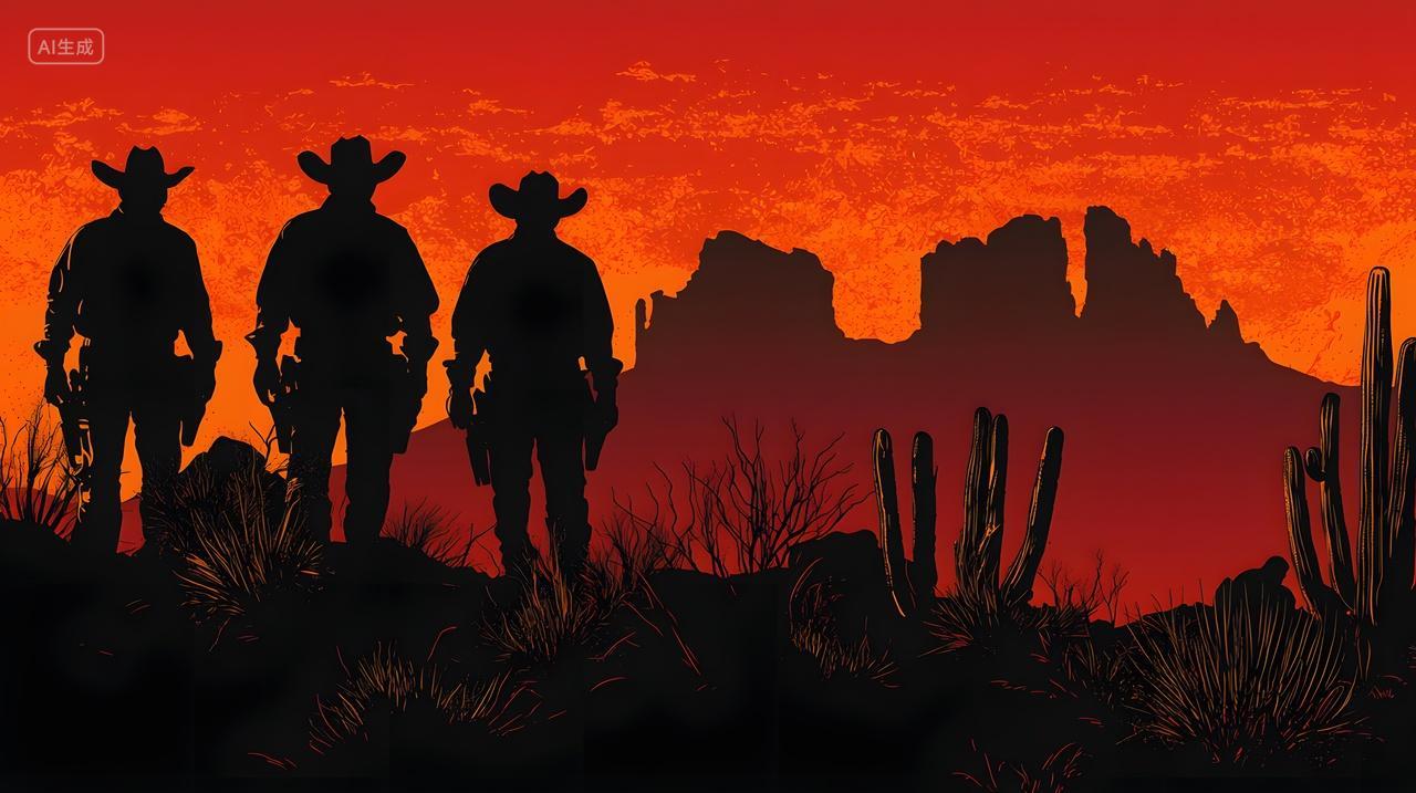 日落时分三位牛仔剪影