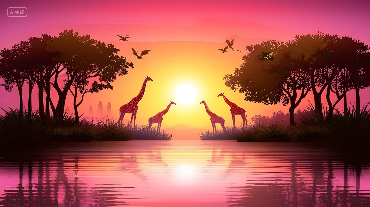 日落时分宁静湖面上长颈鹿剪影