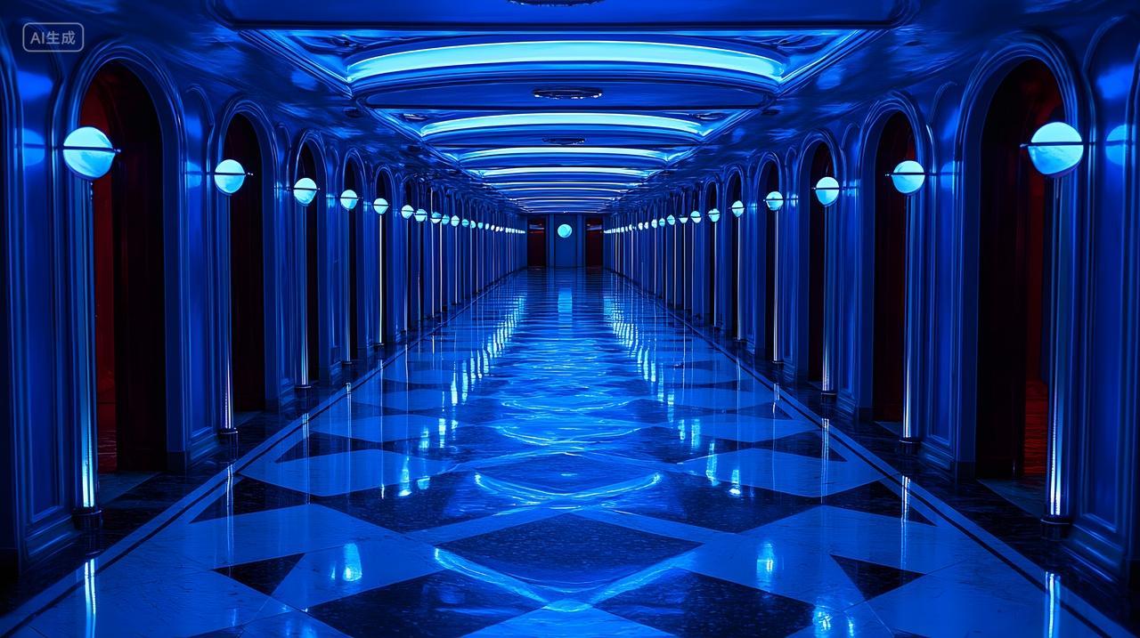 灯光闪烁神秘蓝色走廊