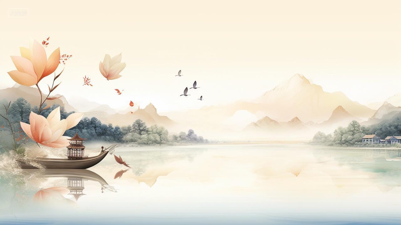端午节水面小船远山映衬美丽鲜花水墨画宁静古风国风节日渐变插画