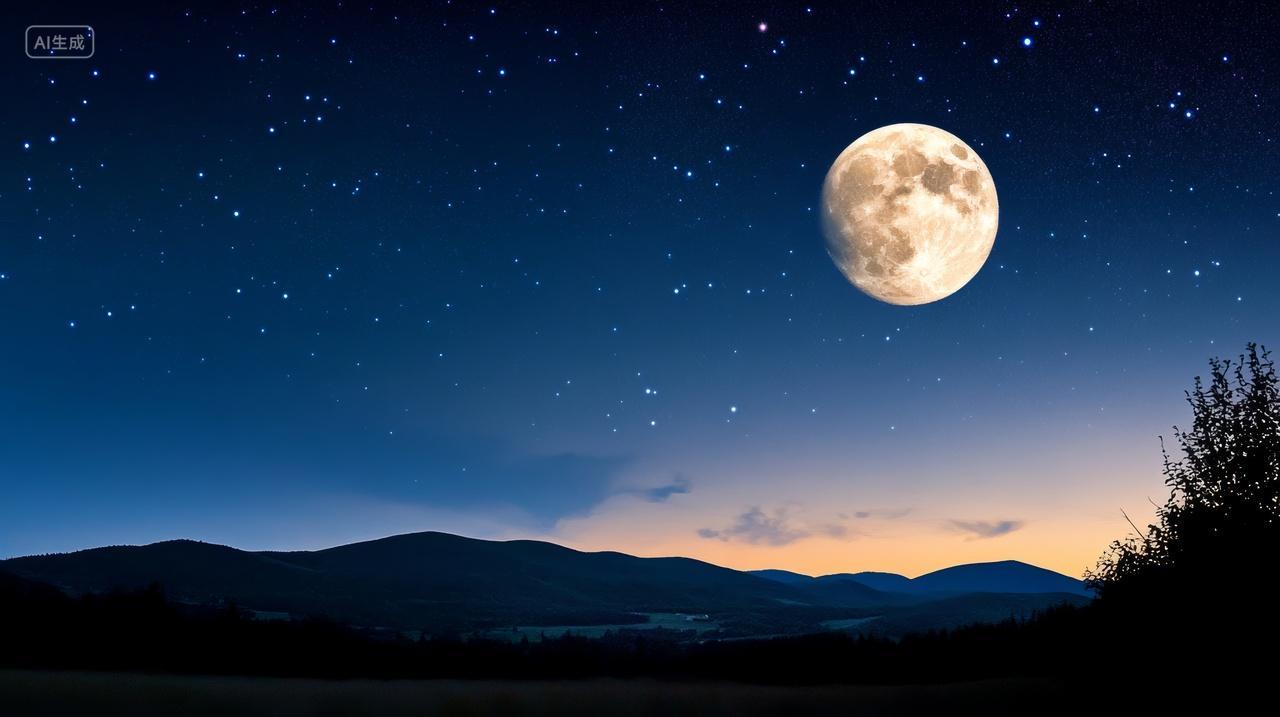 夜空繁星下的圆月夜景旅行