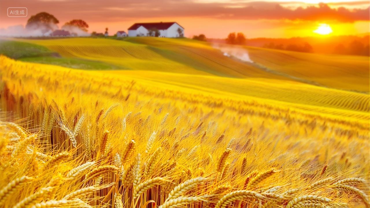 秋天夕阳下成熟一遍金灿灿成熟的麦田秋收宣传图片