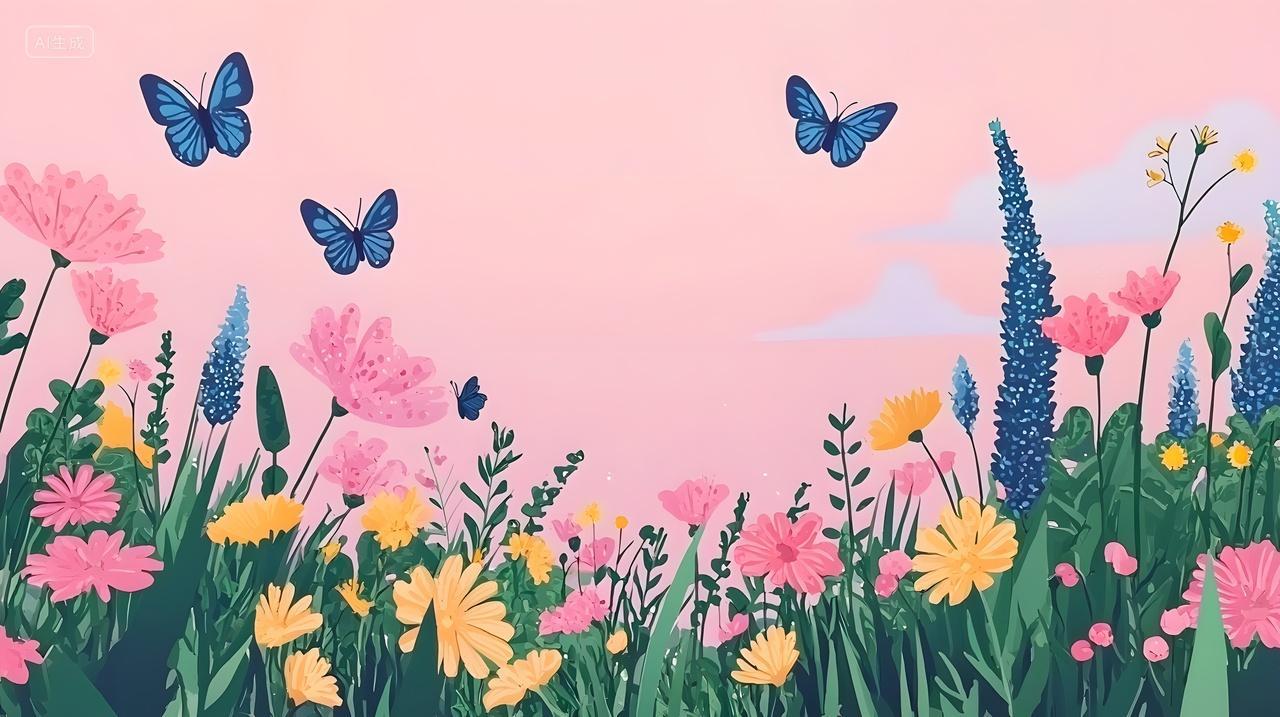有蝴蝶和花朵多彩春天花园