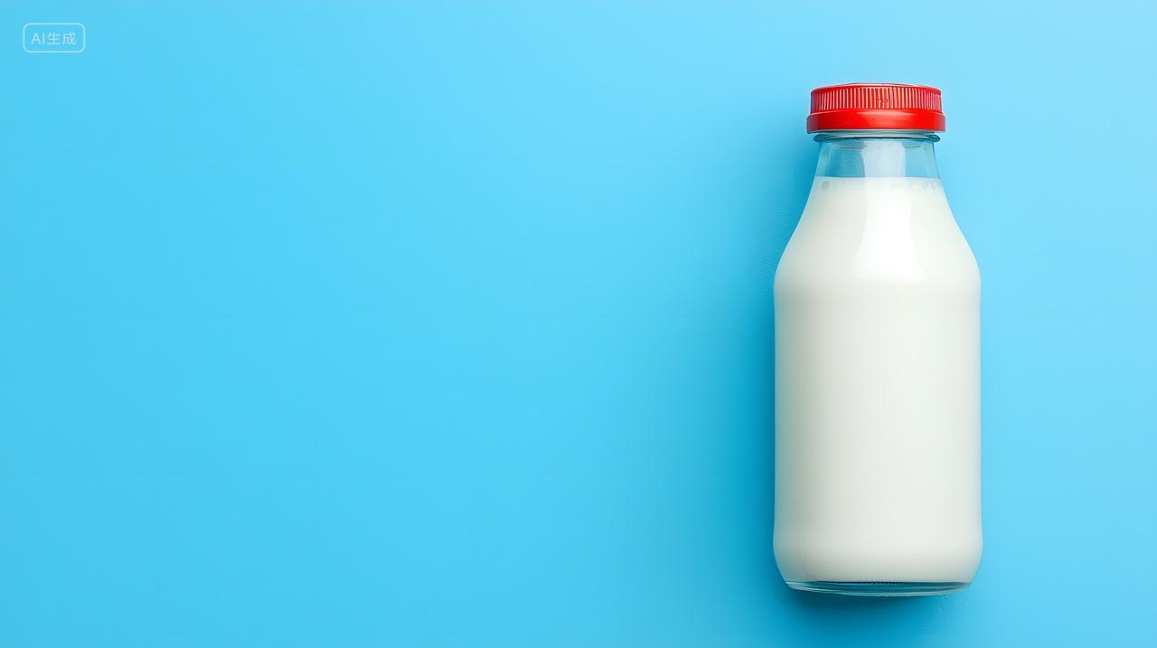 蓝色背景中带红帽玻璃瓶牛奶
