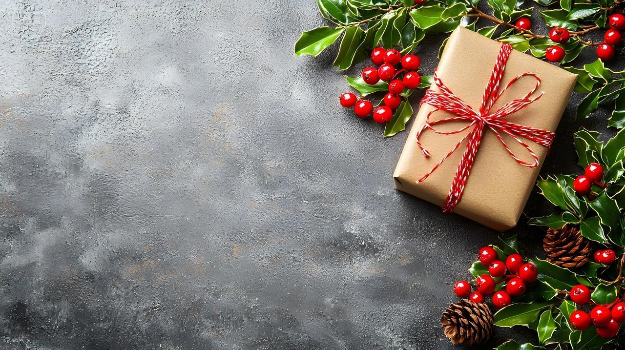 深色表面上有冬青和松果节日礼物