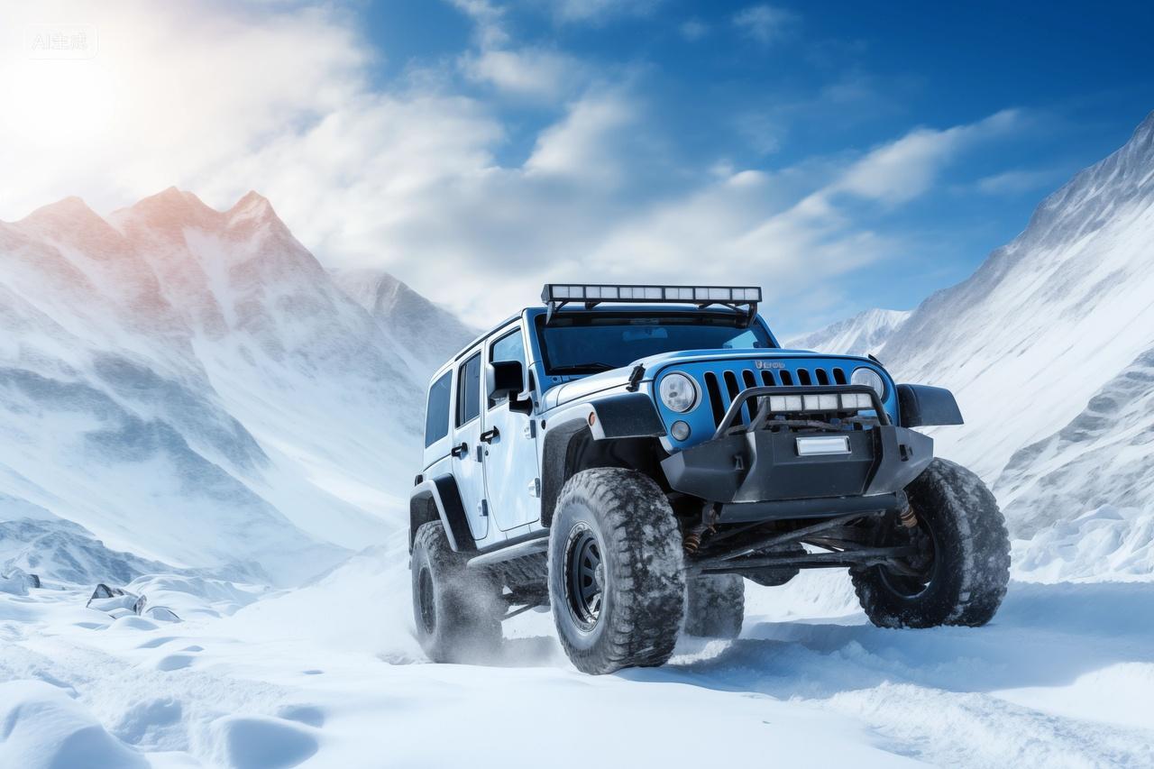 越野吉普车在雪山上的壮丽景色企业精神
