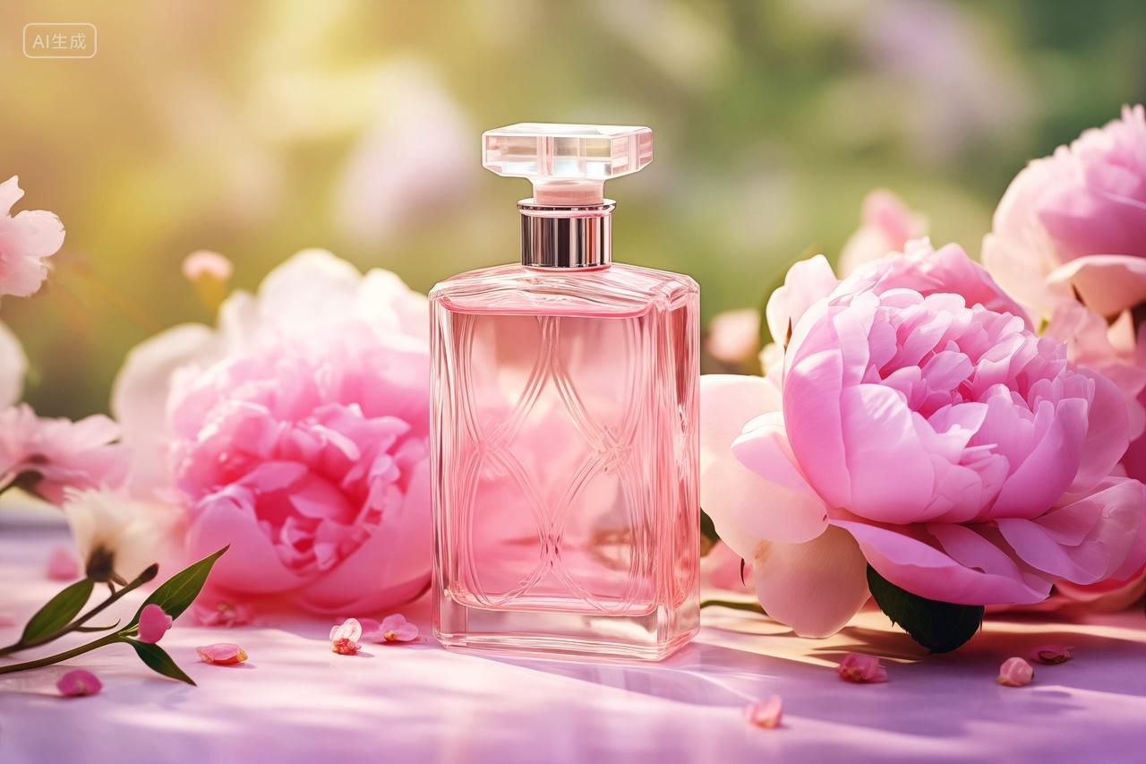 粉色花朵与香水瓶女性香气七夕情人节520