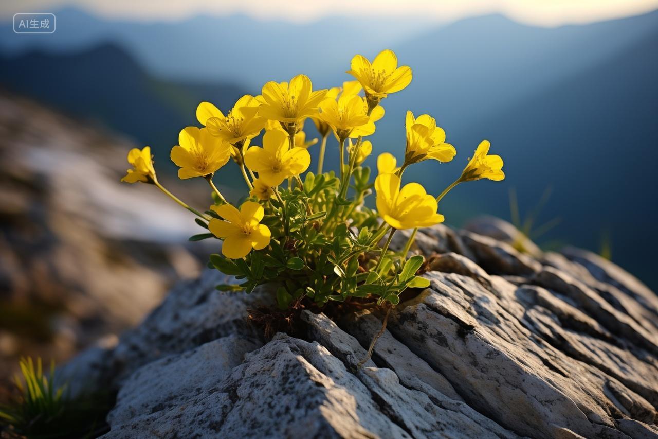 岩石上的黄色花朵花草树木顽强生长生命力励志进取坚强拼搏的精神风景图