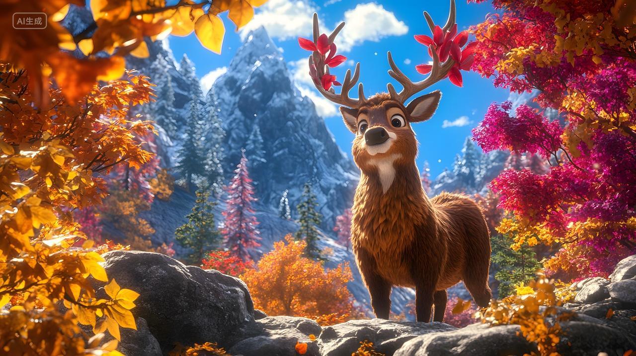 色彩缤纷秋季风景中动画鹿