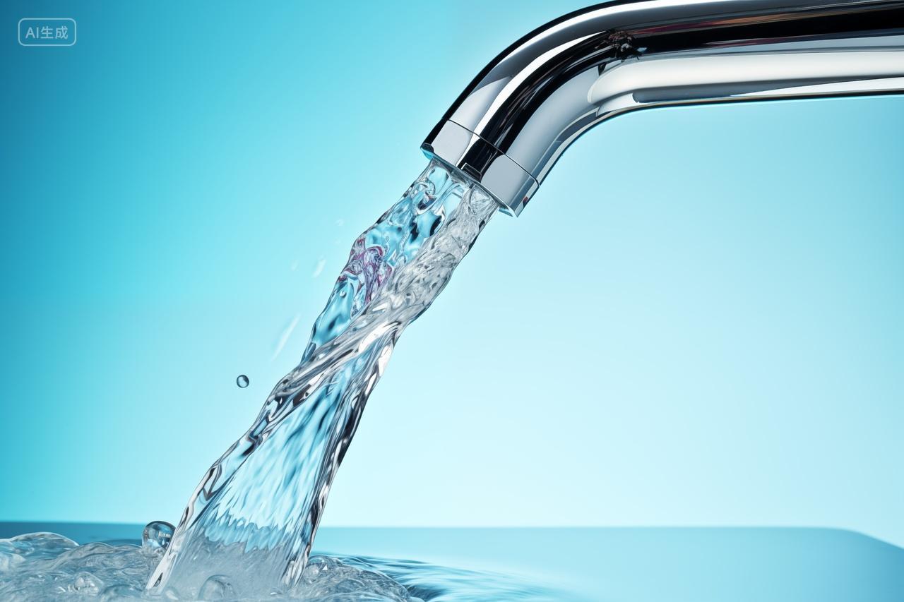 水龙头下的清澈水流水花家庭用水